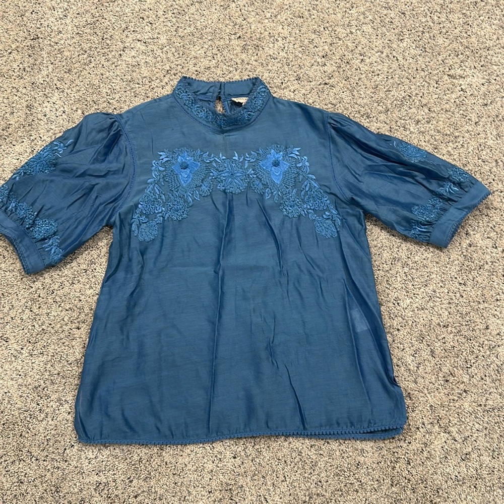 Paula Jain embroidered cornflower blue top